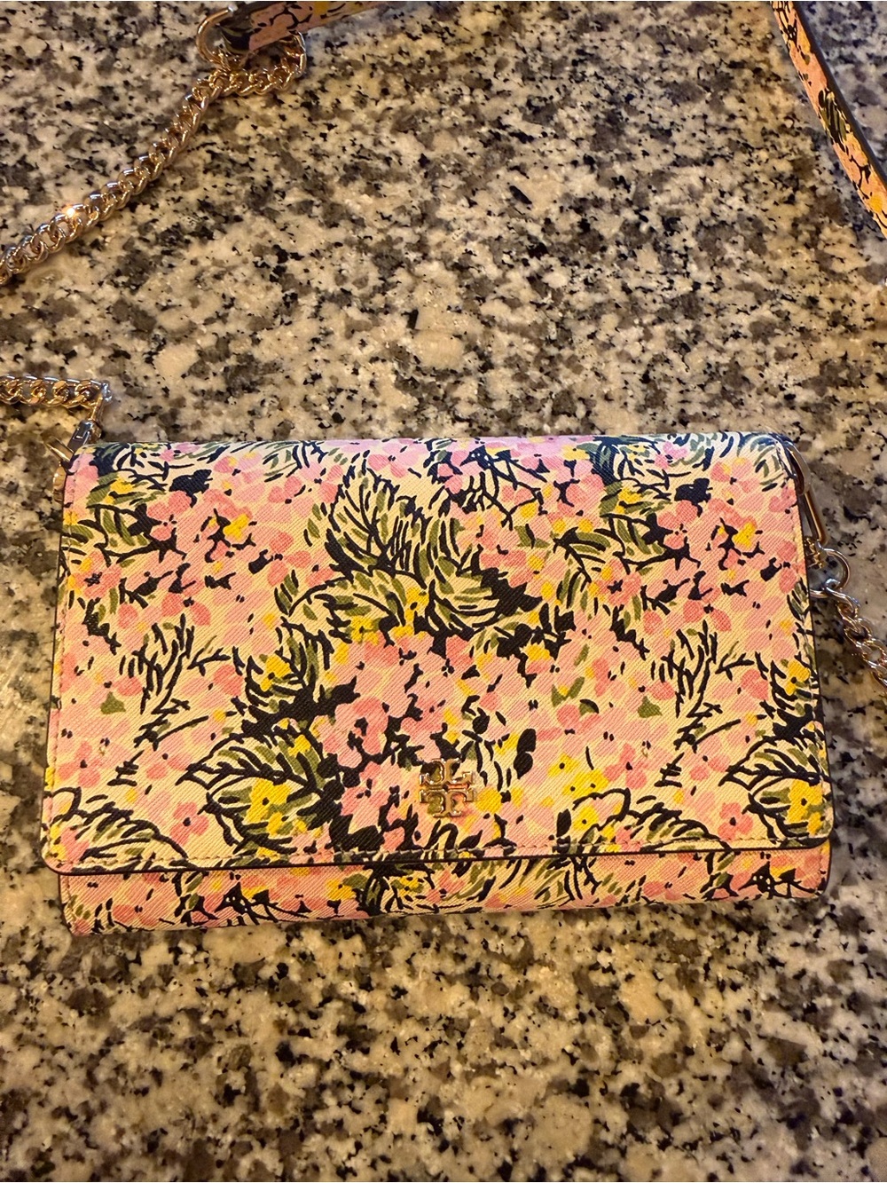 Tory Burch Pink Floral Chain Crossbody Bag with Gold Chain - Picture 2 of 7